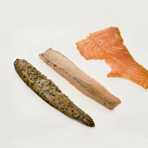 Fillets of smoked mackerel, trout, and salmon