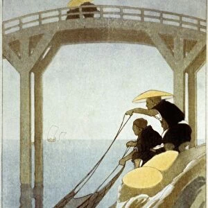 Fishermen Two Japanese fishermen holding large net by a bridge. woodcut c 1913 by Bertha Lum