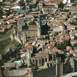 France, Languedoc-Roussillon, Aerial view of Carcassonne and fortress (UNESCO World Heritage List, 1997)