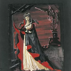 France, Paris, Costume sketch for Tosca in act II inopera tosca by Giacomo Puccini (1858-1924), performance at Paris Opera, June 10, 1960
