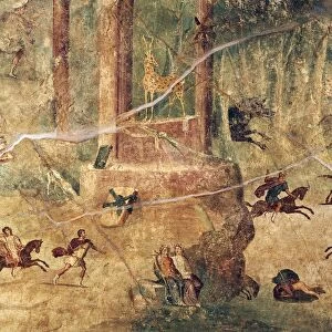 Fresco depicting hunt scene from Ercolano, ancient Herculaneum, Campania Region, Italy