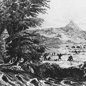 Fuegians at Woollya, with the expeditions camp in the background. From Robert