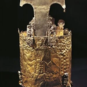Gold embossed crown with motifs depicting Naymlap, Peru, Chimu civilization