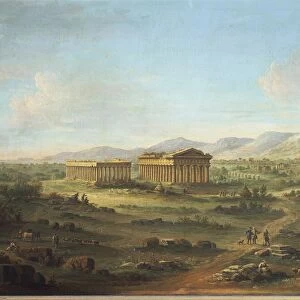 Two great temples of Paestum, Basilica on left and Temple of Neptune or Poseidon on right, by John Robert Cozens