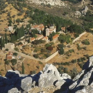 Greece, Aegian Islands, Chios, aerial view of Byzantine monastery of Nea Moni, seen from southwest, cross in foreground