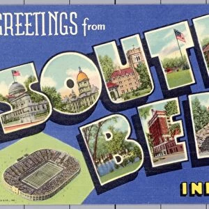 Greeting Card from South Bend, Indiana. ca. 1941, South Bend, Indiana, USA, S-Court House: O-Main Building, University of Notre Dame: U-St. Marys College: T-Scene in Pottawatomi Park: H-Log Chapel, University of Notre Dame: B-Leeper Park and Bridge along St. Joseph River: E-Hotel Hoffmann: N-The Grotto, Notre Dame University: D-Michigan Street