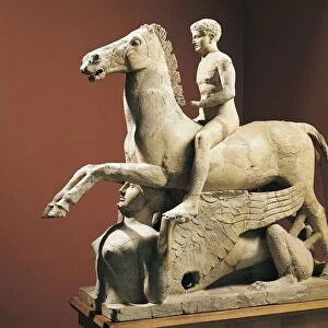 Italy, Calabria, Locri, Sculpture representing a naked knight and horse over a Sphinx, from the Temple of Zeus