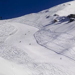 Italy, Piedmont Region, Turin, Aerial view of ski runs at Sestriere