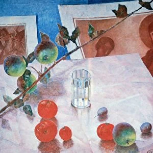 Still Life: Fruit, glass of water and branch of apples. 1918. Oil on canvas. Kuzma Petrov-Vodkin