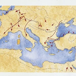 Map of barbarian tribes migrations in around Mediterranean sea, drawing