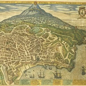 Map of Catania from Civitates Orbis Terrarum by Georg Braun, 1541-1622 and Franz Hogenberg, 1540-1590, engraving