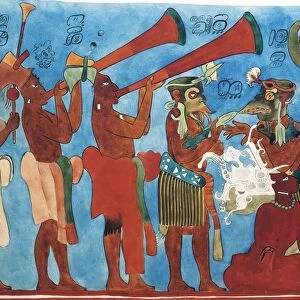 Mexico, Chiapas, Bonampak, reproduction of Bonampak frescos, detail with musicians