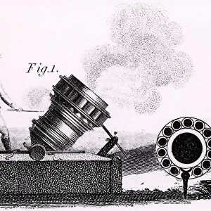 A mortar firing partridges, showing the barrel in cross-section. A large