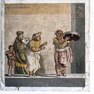 Mosaic depicting a scene from a comedy by Menander, The Possessed Girl: itinerant musicians from Italy, Campania, Pompe, Villa of Cicero