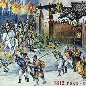 Napoleonic war of 1812, depiction of napoleons retreat from moscow being overseen by the imperial russian two-headed eagle and tsar alexander i
