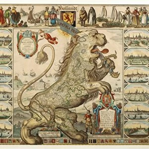 Netherlands, Cartography, Map of the country in the shape of a lion, color engraving, 1648