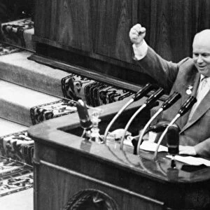 Nikita khrushchev speaking from the rostrum of the 3rd soviet writers congress, long live soviet writers, loyal assistants of our party in the upbuilding of communism!, from the newspaper sovetskaya kultura, may 24, 1959