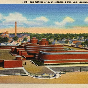 The Offices of S. C. Johnson & Son, Inc. Racine, Wisconsin Photolithograph. ca. 1939, The Administrative Office building of the S. C. Johnson Company shown here was designed by the American architect Frank Lloyd Wright and constructed 1936-1939