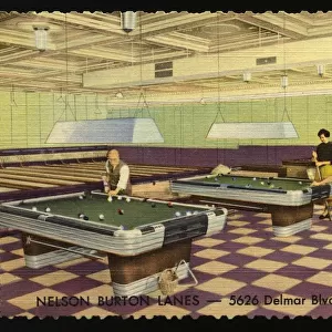 Pool Tables at Nelson Burton Lanes. ca. 1949, St. Louis, Missouri, USA, NELSON BURTON LANES-5626 Delmar Blvd. -St. Louis, Mo. Nelson Burton Lanes, ROUND THE CLOCK, BOWLING AND BILLIARDS. Featuring: 16 LANES in a row without a post, 6 BILLIARD TABLES. Air Conditioned for Summer Play 11th Frame Cocktail Lounge. RESTAURANT-PARKING, Most Conveniently Located Spot for all St. Louis at 5626 Delmar Blvd. Phone: FOrest 5602