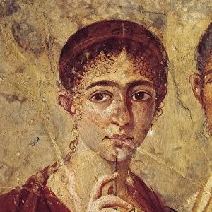 Portrait of baker Terentius Neo and his wife in formal clothes, detail of the wife with her stylus and diptych open from Italy, Campania, Pompeii, 55-79 A. D. painting on plaster