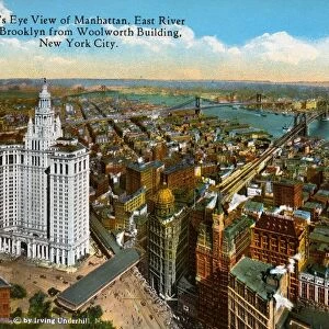 Postcard of Manhattan from Woolworth Building. ca. 1914, Birds Eye View of Manhattan, East River and Brooklyn from Woolworth Building, New York City. Manhattan Island, 19. 65 square miles, was purchased in 1626 from Indians for about $24. 00, land value now $4, 020, 000, 000, total realty value improvements is $6, 075, 000, 000, an average of $432, 000 per acre. The Island has 2, 331, 542 inhabitants. The lower end has an office population of 400, 000: land there is worth from $200 to $600 per square foot and office space rents at from $1 to $40 per square foot