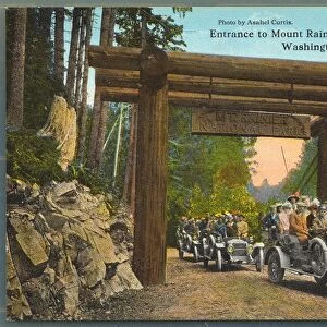 Postcard of Mount Rainier National Park Entrance. ca. 1913, Photo by Asahel Curtis. Entrance to Mount Rainier National Park, Washington. Mt. Rainier is located in Pierce County, Washington, about sixty miles south-east of Seattle and forty-five miles from Tacoma. It is 14, 526 feet high. Rainier National Park is eighteen miles square