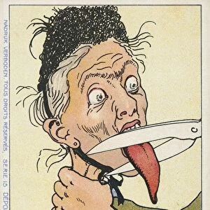 Postcard of a Woman Having Her Tongue Cut Off. ca. 1900-1930, Postcard of a Woman Having Her Tongue Cut Off