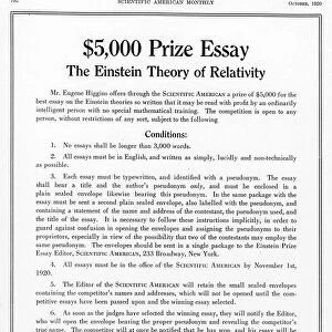 Prize offered in Scientific American, New York, October, 1920, for an essay on Einstein s