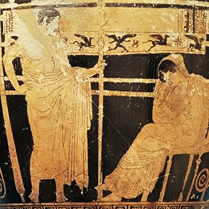 Red-figure pottery. Attic skyphos by the painter of Thelemacus portraying Penelope and Telemachus