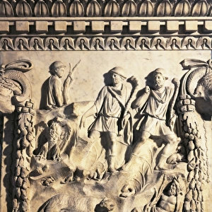 Roman altar depicting myth of origins of Rome from excavations of Ostia, Lazio Region, Italy