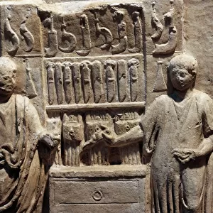 Detail of Roman funerary stele relief depicting workshop of cutler Lucius Cornelius Atimetus