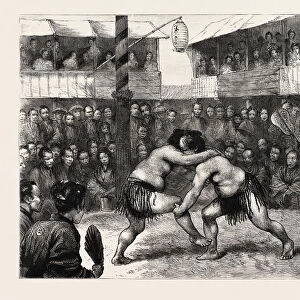SPORTS IN JAPAN, A WRESTLING MATCH, engraving 1890, engraved image, history, arkheia