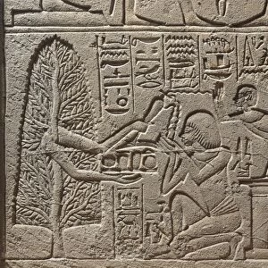 Stele of Hatyay, superintendent of herds from Saqqara, detail representing Hatyay, with his soul by him, receives purifying water from goddess Nut
