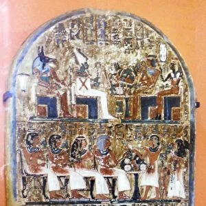 Stele Irynefer: Top level: The gods Anubis and Osiris enthroned facing Ahmose Nefertari