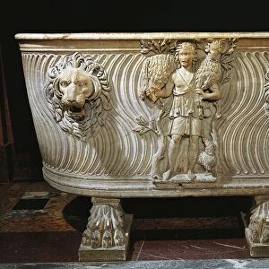 Strigil marble sarcophagus with relief depicting Good Shepherd and lion heads, from Rome