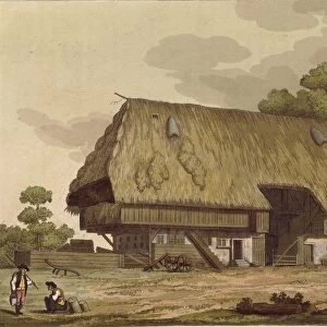 Switzerland, Farmhouse in Alps by V Raineri, drawing and coloured engraving