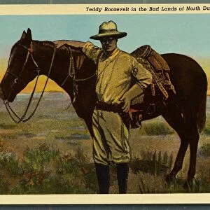 Teddy Roosevelt in the Badlands. ca. 1939, North Dakota, USA, TEDDY ROOSEVELT IN THE BAD LANDS. The late, former president arrived here in 1883 to hunt buffalo and build up his health. His ranch cabin, originally located here, is well preserved and can be seen on Capitol grounds at Bismarck, N. D