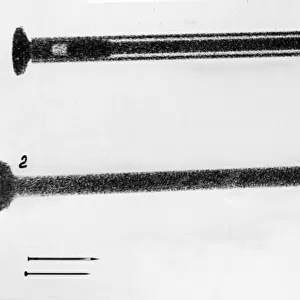 Top: x-ray photograph of one of the poison pins gary powers was provided with (enlarged 9 times), figure 2: inside needle of the pin with the grooves filled with poison, bottom: actual size of poison pin, shown with an ordinary pin, 1960, u2 spy plane misson