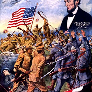 True sons of freedom an American poster produced as a chromolithograph in 1918. African American soldiers fighting German soldiers in World War I, and head-and-shoulders portrait of Abraham Lincoln above