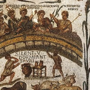 Tunisia, El Djem, Mosaic work depicting a costume banquet; in the arena five zebu are present