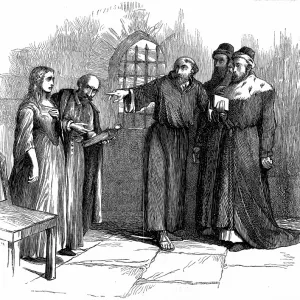 A 19th century engraving print depicting a woman being burned at the stake A 19th century engraving print depicting a woman being burned at the stake