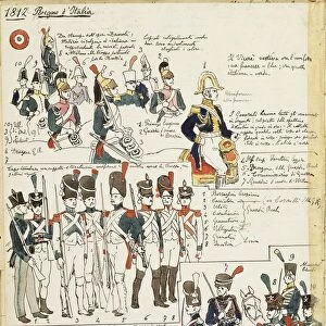 Various uniforms of the Kingdom of Italy from 1807. Color plate by Cenni Quinto