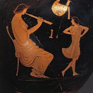 Vase attributed to the Painter of Cambridge, scene of dance lesson, red-figure pottery, detail