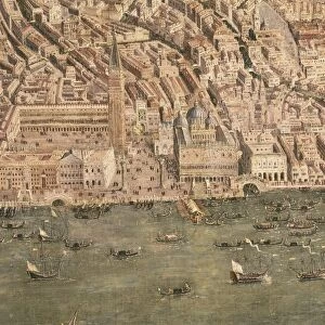View of Venice from above, Detail: Piazza San Marco and Palazzo Ducale, Painting from Venetian School
