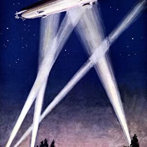 Zeppelin airship caught in searchlights