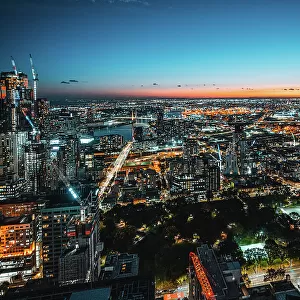 Aerial View of Melbourne CBD and Yarra River at dusk