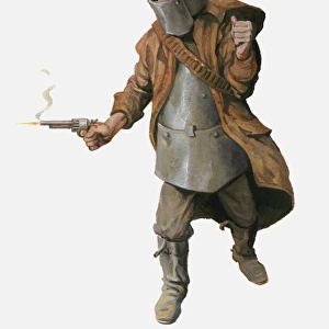 Illustration of Ned Kelly wearing home made armour and shooting handgun