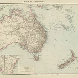 Old chromolithograph map of Australasia (Australia, New Zealand, the island of New Guinea, and neighbouring islands in the Pacific Ocean)