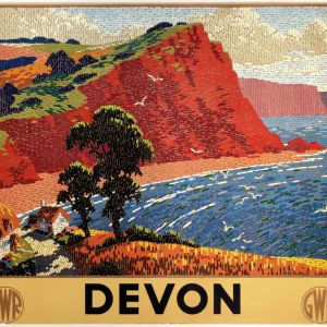 The Devon Print features a serene seascape with cliffs, fields, and cottages in the foreground The Devon Print features a serene seascape with cliffs, fields, and cottages in the foreground