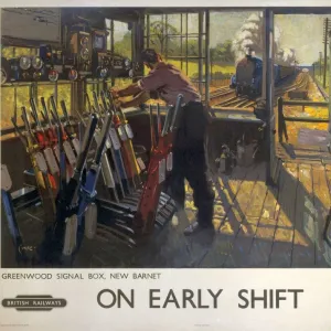 Poster produced for British Railways (BR), showing a railway worker manually operating